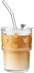 Olvini 13oz Glass Tumbler with Straw and Lid, Reusable Iced Coffee Cup Tumbler, Cute Glass Cups for Water, Matcha, Travel Coffee Mugs (Cute Cat - 13oz)
