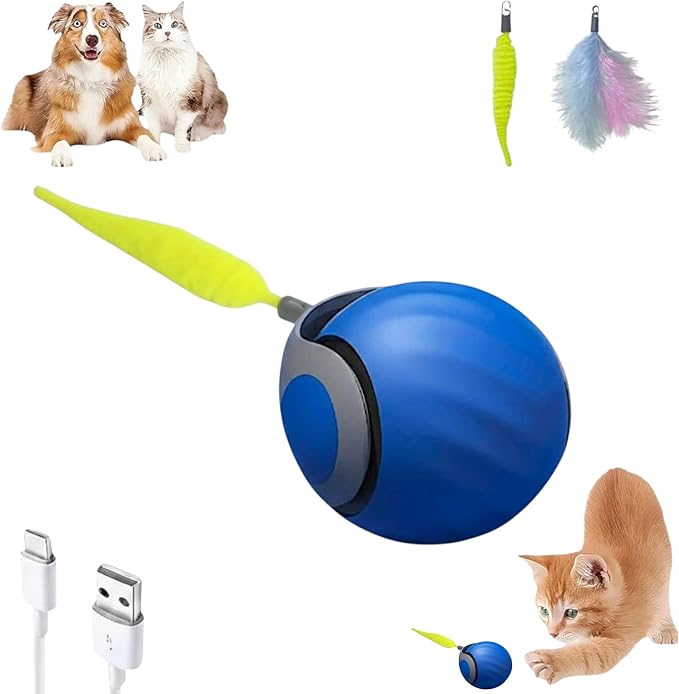 Pawvion Interactive Cat Toy Ball - Automatic Interactive Cat Toys for Indoor Cats with 2 Tails, 2 Speeds Rechargeable Cat Enrichment Toys for Small/Medium/Large Cats to Keep Them Busy (Blue)