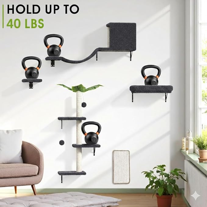 5-in-1 Cat Wall Shelves for 16 Inch Drywall: Space-Saving Wall Mounted Cat Shelves with Climbing, Perch & Lounge