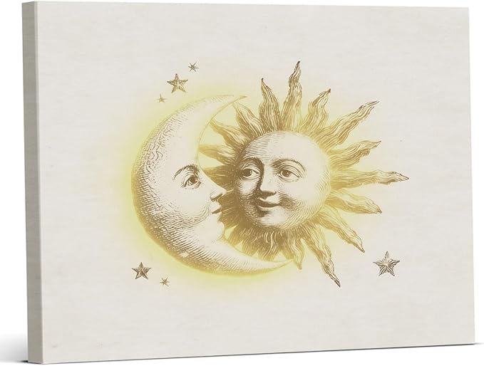 Vintage Mystical Celestial Canvas Wall Art Whimsical Sun and Moon Print Painting Retro Wall Decor for Home Bedroom Nursery 8x10 Inches Framed