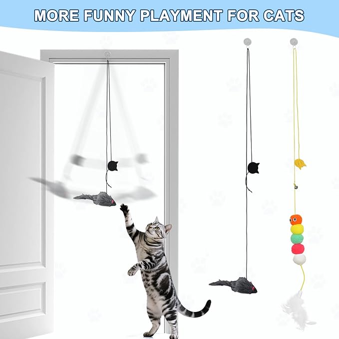 Interactive Cat Toys, Hide and Seek Cat Enrichment Toys for Indoor Cats, Automatic Cat Toy Fast Rolling Ball in Play Mat for Bored Indoor Adult Cats & 2PCS Hanging Feather Toy (28 Inch)