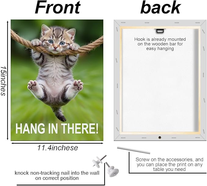 Hang in There Cat Canvas Wall Art, 11.4x15in Funny Motivational Cat Framed Art Paintings Wall Decor Unique Inspirational Gifts Animal Lover Prints Picture for Living Room Bathroom Farmhouse Decor