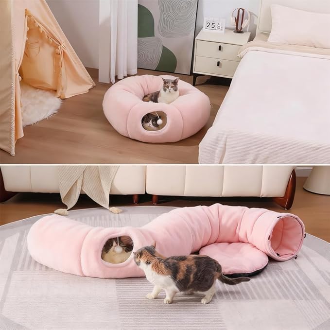 Cat Tunnel Bed Under Christmas, Luxury Donut Cat House Xmas Tree Skirt Tunnel Bed with Washable Cushion, Two-Entry Peekaboo Round Christmas Kitty Donut for Kitten Puppy Rabbit Ferret