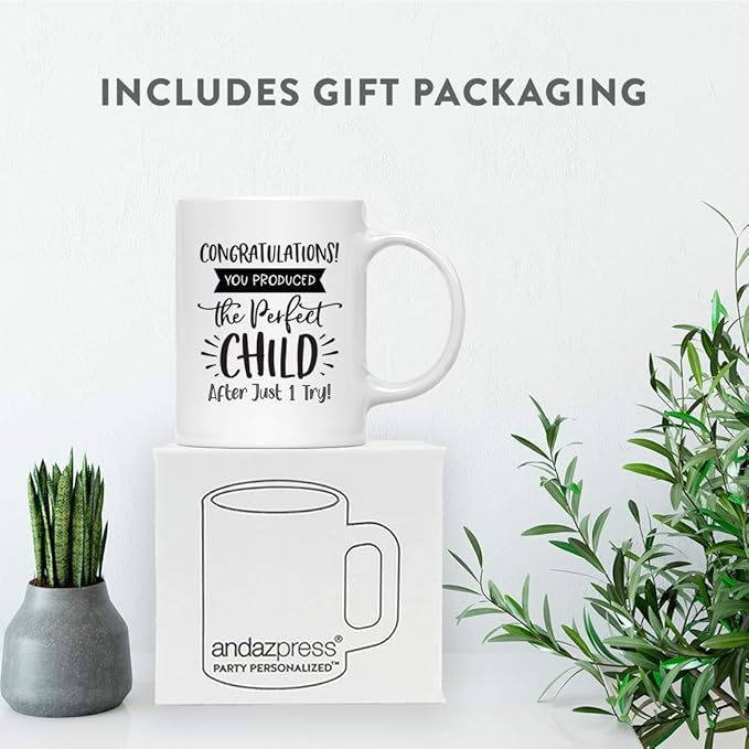 Andaz Press Mother's Day 11oz. Ceramic Coffee Tea Mug Gift for Mom, Congratulations! You Produced the Perfect Child After Just 1 Try!, 1-Pack, Birthday Christmas Gift Ideas