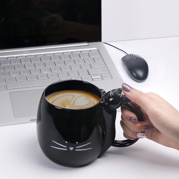 Koolkatkoo Cat Coffee Mug for Women Cute Ceramic Mugs for Cat Lover Tea Cup Black - White
