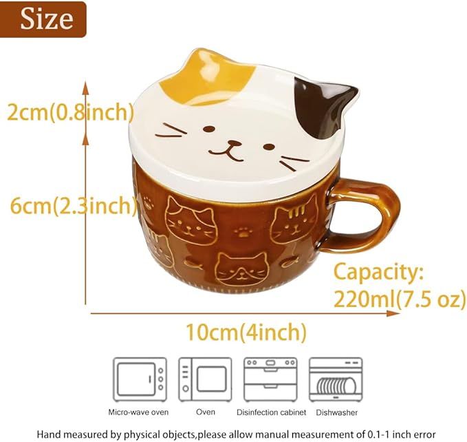 Cute Cat Coffee Mug with Lid,Animal Tea Cup with Saucer Set,Kawaii Ceramic Mugs with Biscuit Holder and Spoon,Gifts for Women,Teacher,Friend,for Mothers Day,Easter,Christmas (Yellow Cat)