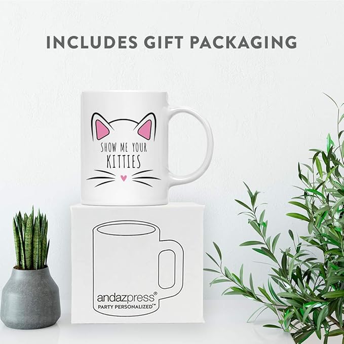 Andaz Press Funny Cat Lover 11oz. Ceramic Coffee Tea Mug, Show Me Your Kitties, 1-Pack, for Cat Mom, Birthday Christmas Ideas, Includes Box