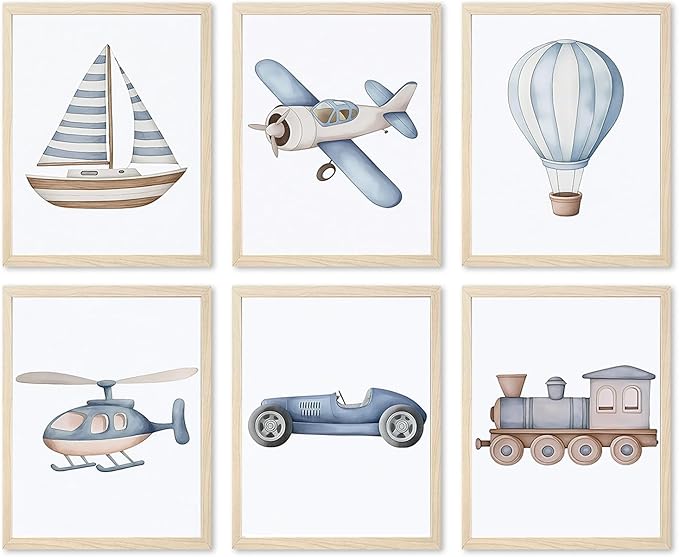 Nursery Car Wall Art Set of 6, Baby Boys Poster Canvas Prints, Blue Kids Car Train Plane Boat Hot Air Balloon Wall Decor Toddler Vehicle Painting Watercolor Artwork Picture 8x10 inch Unframed