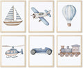 Nursery Car Wall Art Set of 6, Baby Boys Poster Canvas Prints, Blue Kids Car Train Plane Boat Hot Air Balloon Wall Decor Toddler Vehicle Painting Watercolor Artwork Picture 8x10 inch Unframed