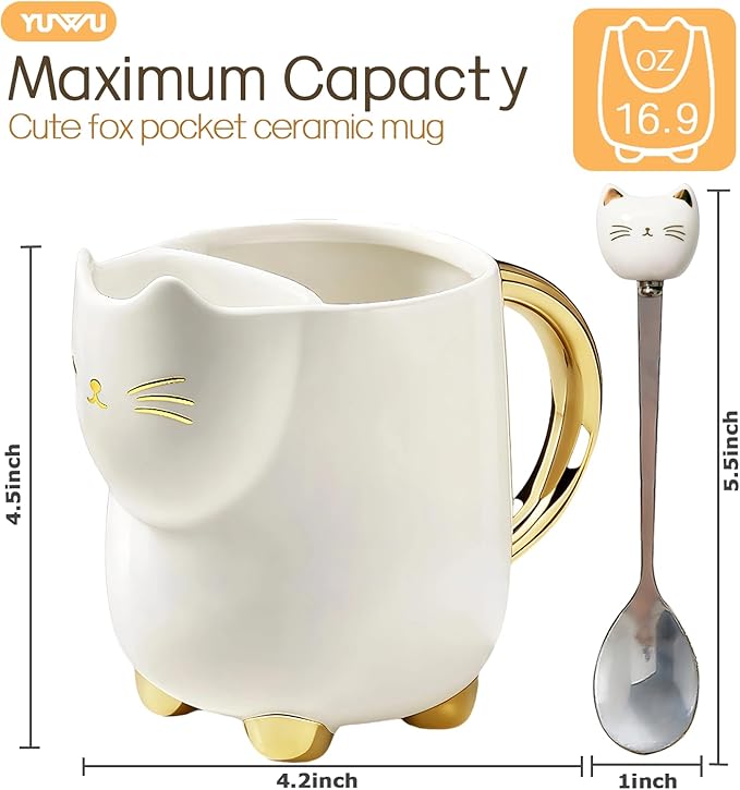 Yuwu 17oz Cat Mug with Tea Bag Holder & Spoon – Cute Ceramic kitty Coffee Cup Gift for Cat Lovers, Women, Girls – Tea Mug for Birthday, Christmas, Valentine’s Day (white)