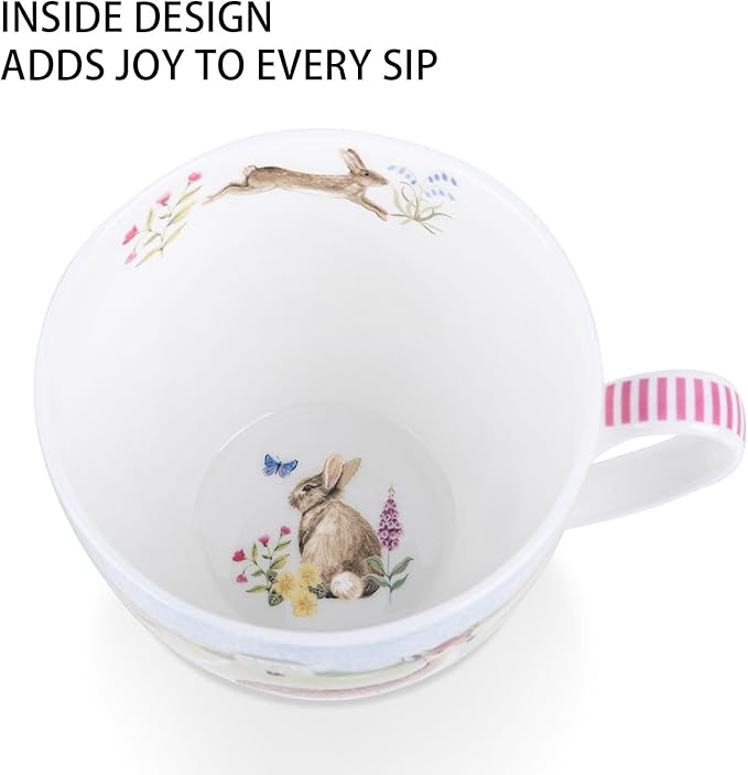 Spring Animals Mug - 20oz Bone China Coffee Tea Hug Mug with Deer, Rabbit, Butterfly & Wildflowers, Thoughtful Gifts for Mom Women Mothers Day, Designed in England by Harvest Green Studio