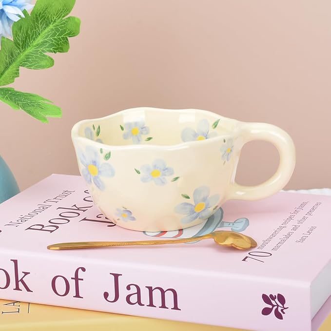 Cute Coffee Mug,Ceramic Tea cup,Kawaii coffee mugs,Handmade Creative Flower Pink mug with Spoon,Aesthetic mugs for milk Cappuccino Cocoa,8.5 oz Cheery Mug Gift for Women Christmas (Blue)