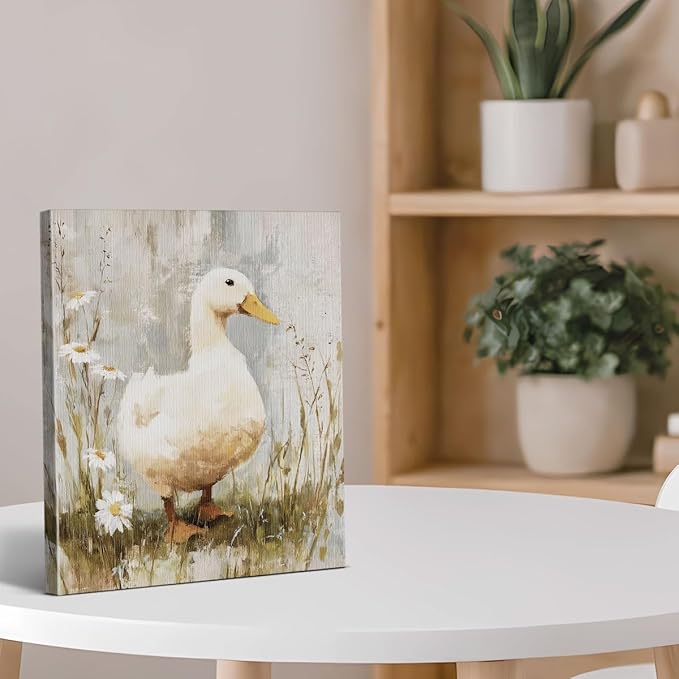 Rustic Floral Duck Canvas Wall Art Vintage Cute Duck Print Painting Cottagecore Wall Decor for Farmhouse Home Living Room 8x10 Inches Framed