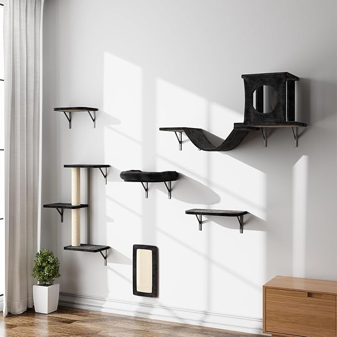6-in-1 Cat Wall Shelves, Wall Mounted Cat Climber with Condo House, Scratching Post, Bridge Ladder, Space-Saving Indoor Play Furniture for Kittens, Black