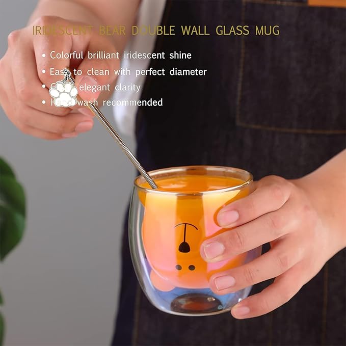 Binoster Cute Mugs Double Wall Glass Coffee Glass Cup Kawaii Bear Tea Milk Cup Funny Mug Animal Mug Aesthetic Cup for Office and Personal Birthday Gift (Iridescent Bear)