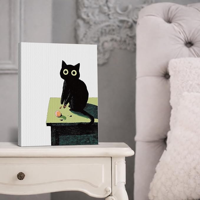 Modern Black Cat Wall Art Decor Cute Cartoon Kitten Print Picture Cat Lover Gifts Wall Decor for Home Living Room 8x10 Inch Canvas Framed