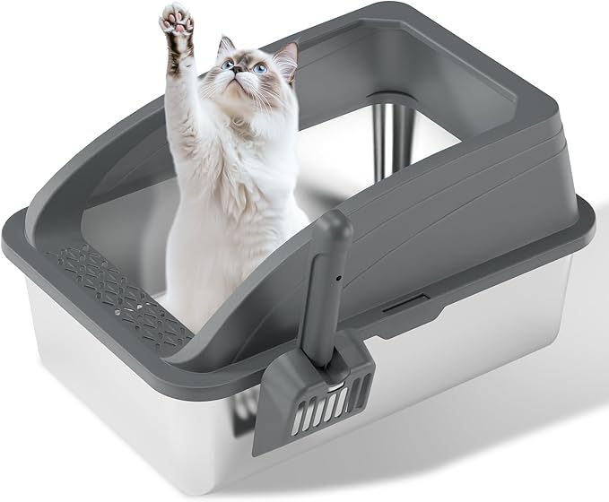 Stainless Steel Litter Box, Metal Litter Box with Scoop, High-Sided Leak-Proof Design, Non-Stick Base, Easy to Clean for Cat, Rabbit, Guinea Pigs and Hamsters