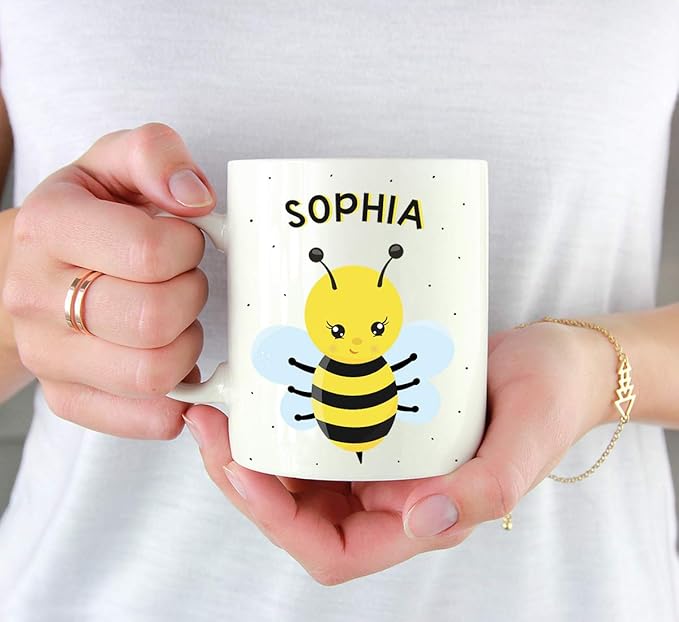 Andaz Press Personalized 11oz. Kids Milk Hot Chocolate Mug, Busy Bee Posture 1, 1-Pack, Custom Child’s Birthday Christmas Coffee Cup