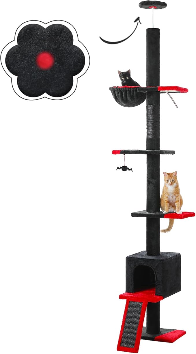 PEQULTI Gothic Cat Tree Floor to Ceiling, Tall Cat Tower, Adjustable Height (83''-108'') 5 Tiers Climbing Tree for Indoor Cats with Cat Condo, Scratching Post and Ladder, Black