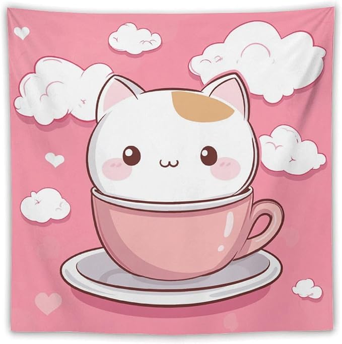 Tapestry Kawaii Cat Wall Art Tapestry for Bedroom Aesthetic Cute Cat Kitten Wall Tapestries Wall Hanging for Bedroom Landscape 60"x60" Wall Hanging for Home Decor Bedroom Living Room Dorm Decor