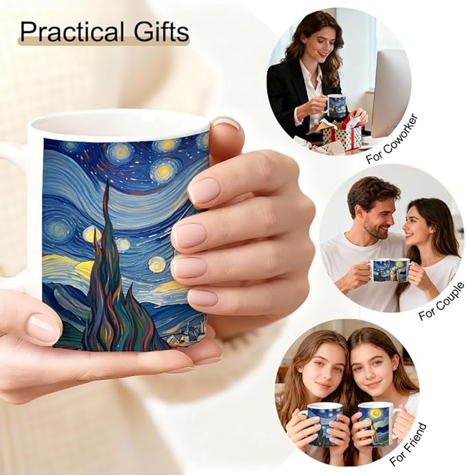 Famous Oil Painting Starry Night Cat Art Theme Double-Sided Ceramic Mug, Famous Art Parody Girl Cats Mug for Pet Lover, Kitty Lover Gifts for Women Friend, Christmas Birthday Gifts for Cat Mom