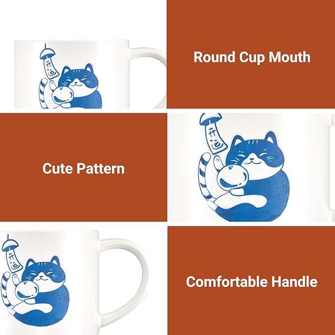 Cute Coffee Mugs Hand Painted, Food Safety, Japanse White Cat Mug 16oz large, Dishwasher & Microwave Safe Daily Office and Home
