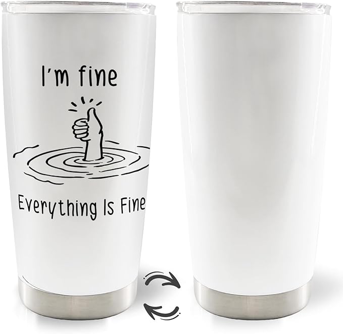 Funny 20oz Travel Coffee Mug Tumbler, I'm Fine Everything Is Fine Funny Humorous Stainless Steel Tumbler with Lid and Straw