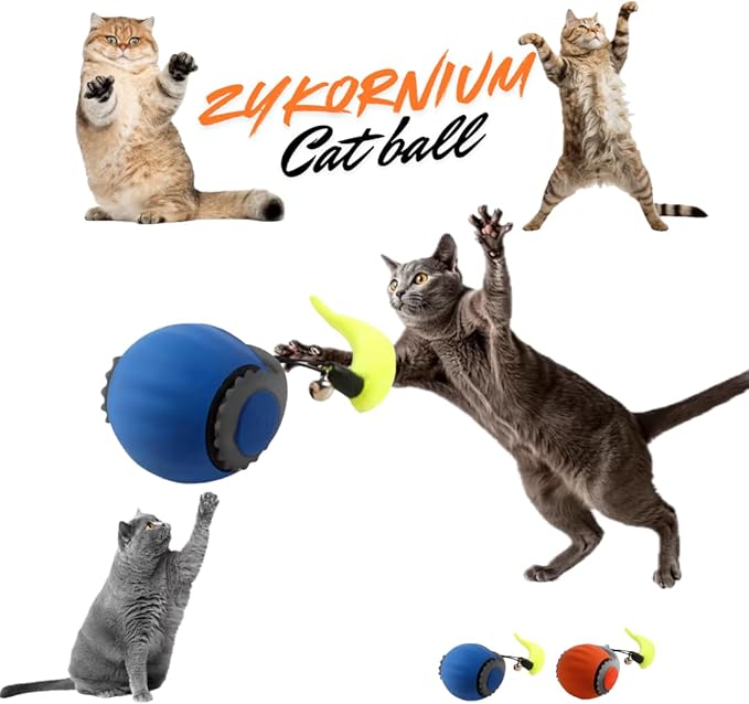 Interactive Cat Toy Ball - Automatic Rolling Rechargeable Cat Toy, Chasing Ball for Indoor Cats & Kittens, Feather Tail, Self-Moving Toy, Fast & Slow Speed (Blue)