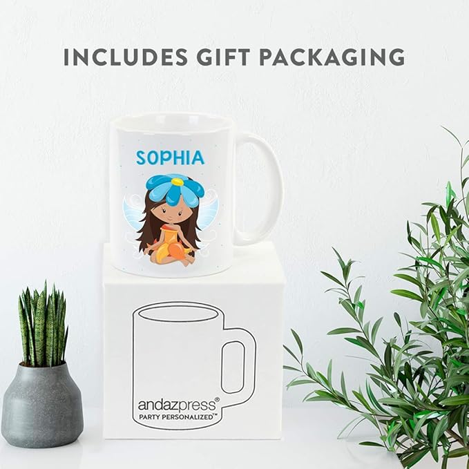 Andaz Press Personalized 11oz. Kids Milk Hot Chocolate Mug, Orange Fairytale Princess with Blue Flower, 1-Pack, Custom Child’s Birthday Christmas Coffee Cup