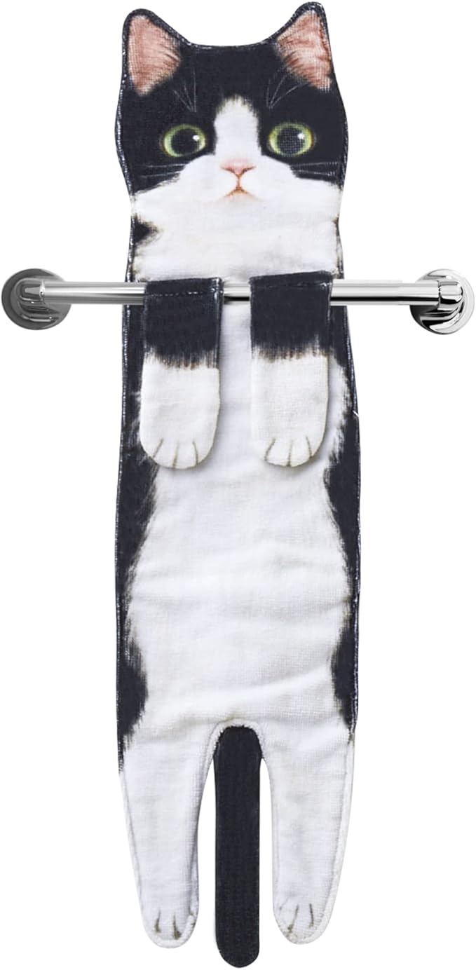 Funny Hand Towels for Bathroom Kitchen Decor - Cute Cat Hanging Hand Towel Kitchen Gadgets - Unique Housewarming Birthday Christmas Cat Lover Gift Ideas for Women Mom Lady Adults