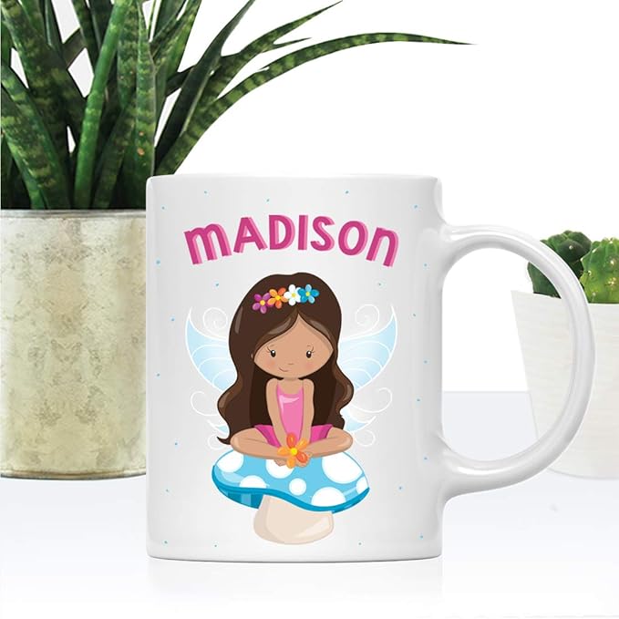Andaz Press Personalized 11oz. Kids Milk Hot Chocolate Mug, Pink Fairytale Princess with Blue Mushroom, 1-Pack, Custom Child’s Birthday Christmas Coffee Cup