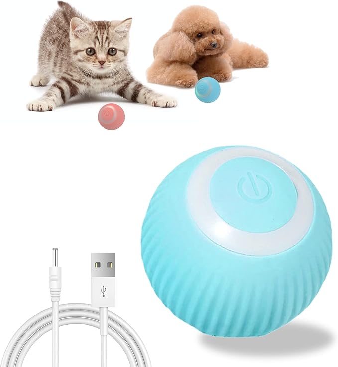 Automatic Active Rolling Ball for Dogs Self Moving Balls, Interactive Cat Ball Toy with LED Lights, USB Rechargeable, Silicone Surface (Blue)