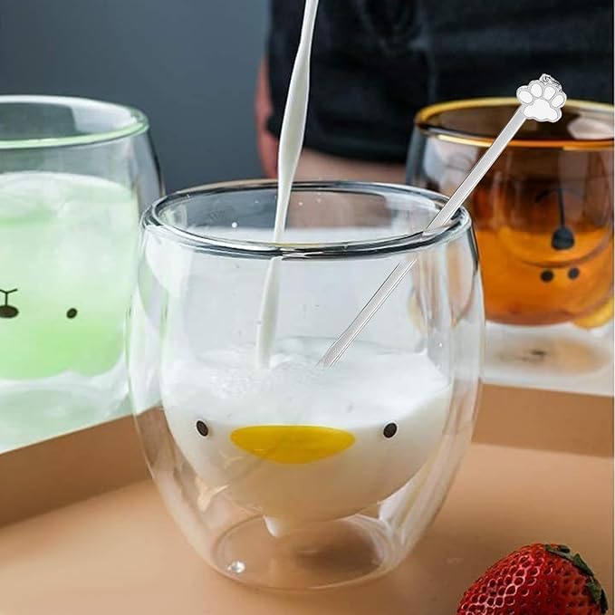Binoster Duck Mug Cute Mugs Glass Double Wall Insulated Glass Espresso Cup, Coffee Cup, Tea Cup, Milk Cup,Kawaii Gift for Office and Personal Birthday Christmas (Duck)