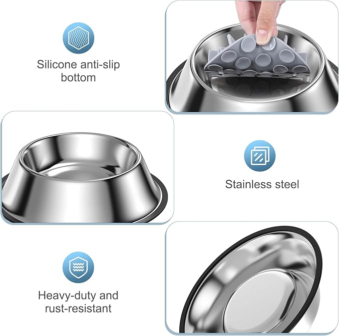 2-in-1 Metal Dog Bowl with Slow Feeder Insert, Food Grade 304 Slow Feeder Dog Bowls, Non-Slip Bottom, Pet Slower Food Feeding Bowls for Increases Feeding Time, Reduces Digestive Problems (M)