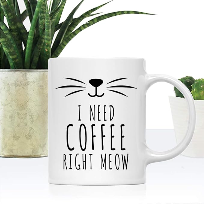 Andaz Press Funny Cat Lover 11oz. Ceramic Coffee Tea Mug, I Need Coffee Right Meow, 1-Pack, for Cat Mom, Birthday Christmas Ideas, Includes Box