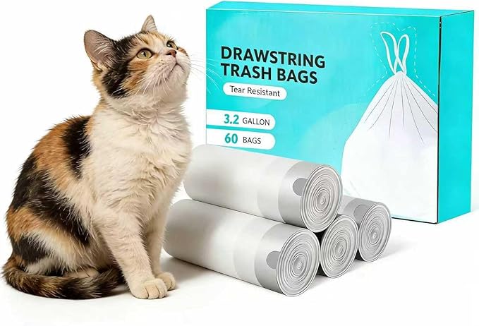 20 x 18 inches, 4 Rolls, 60 Counts, Cat Litter Bags for Self Cleaning Litter Trays, Replacement Pet Poop Bags with Drawstring, Close Litter Box Liners for Cat Poop Bag