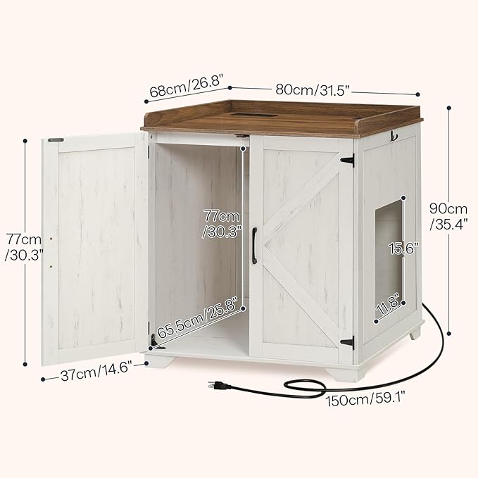 HOOBRO Automatic Litter Box Furniture for Large Capacity, Large Robotic Litter Box Cabinet with Charging Station and Hooks, Cat Litter Box Enclosure with Storage Top, White and Walnut WH89UMW01N2