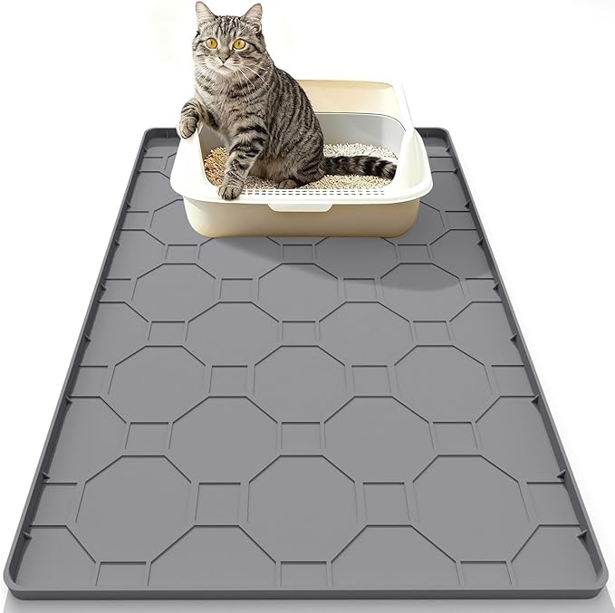 Extra-Large Cat Litter Mat, 38“ x 26” Soft Silicone Cat Litter Trapping Mat for Cat Paws, Waterproof and Non-Slip, Urine-Resistant & Easy to Clean (Gray)