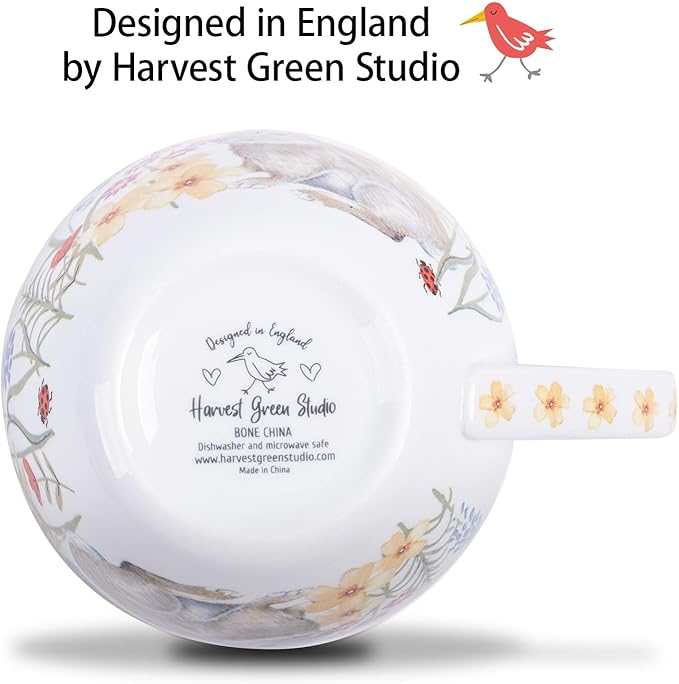 20 oz Easter Bunny Coffee Hug Mug, Spring Flowers & "Happy Days" Slogan, Premium Bone China Rabbit Tea Mug, Cute Easter Gift for Women, Family, Friends, Designed in England by Harvest Green Studio