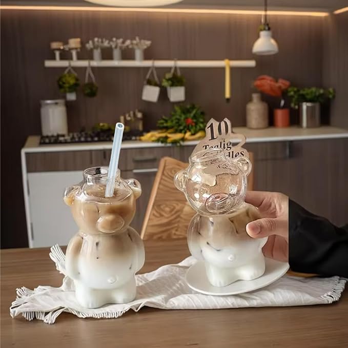 Glass Teddy Bear Cup with Straw - 10 oz Adorable Bear Glass Mug for Coffee, Wine & Cocktails - Cute Honey Straw Cup