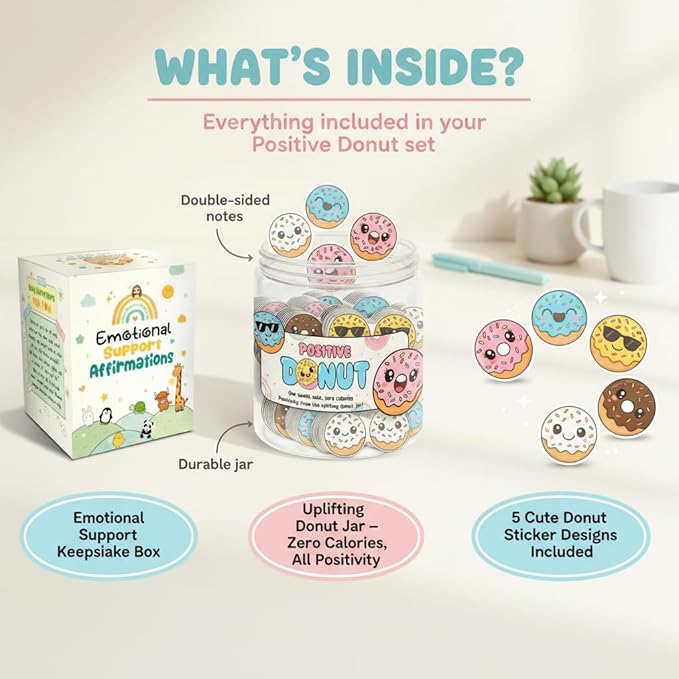 DEARMINE Positive Donut Jar with 60 Affirmation Cards, Emotional Support Donut Gift, Gifts for Teenage Girls, Friendship Gifts for Women