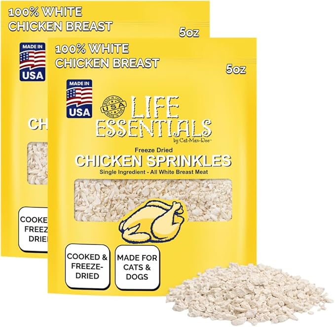 Life Essentials by Cat-Man-Doo Freeze Dried Chicken Sprinkles Dog & Cat Treats, Healthy Single Ingredient Training Treats for Dogs, Puppies & Cats, Made with Real Chicken – 5 oz (2 Pack)