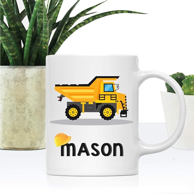 Andaz Press Personalized 11oz. Kids Hot Chocolate Mug, Yellow Construction Truck Dump Truck, 1-Pack, Custom Child’s Birthday Christmas Coffee Cup