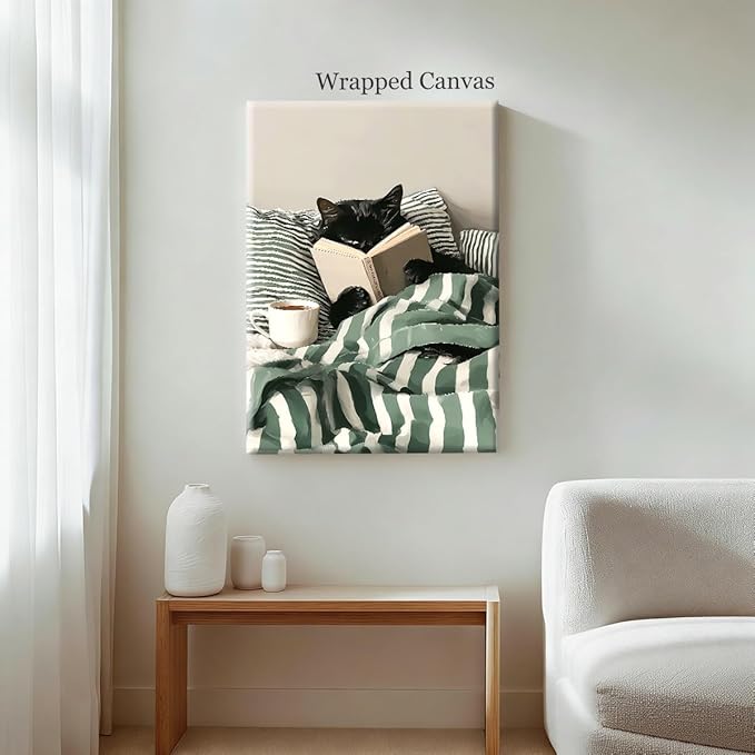 Funny Black Cat Canvas Wall Art, Cute Cat Reading Book In Bed with Coffee Aesthetic Poster, Cozy Striped Green Bedroom Animal Wall Decor, Bookish Art Print for Book Pet Lover 12x16in Wrapped Canvas