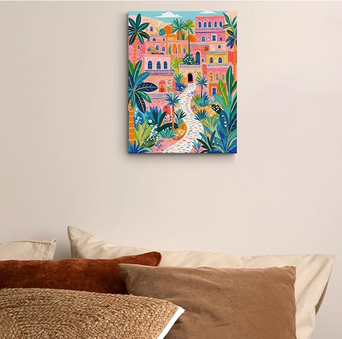 Pink Town Landscape Wall Art, Path with Palms Framed Canvas Print Modern Home Decor, Colorful Trendy Artwork Botanical Painting for Living Room Entryway Bedroom Office Decoration 15x11.4 inch