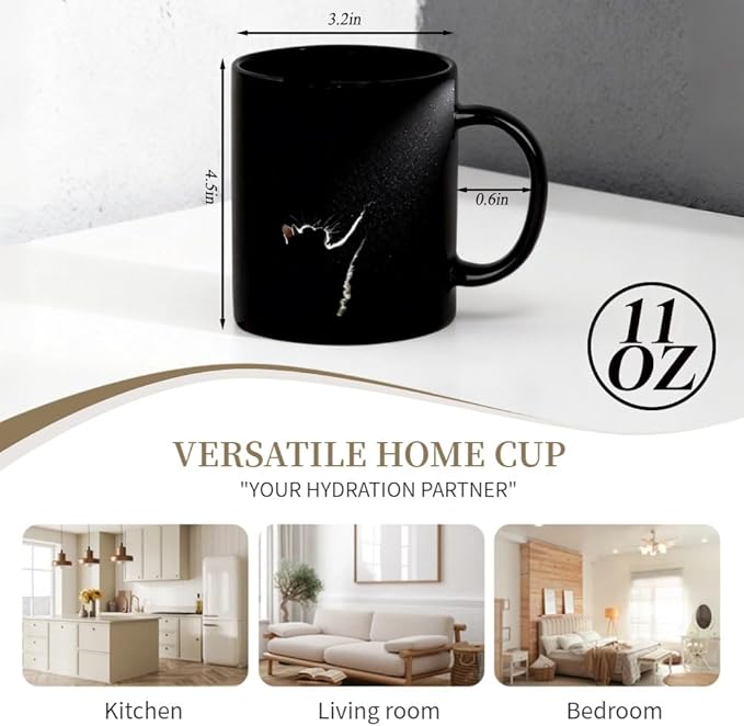 Black Cat Coffee Mug – 11oz Black Ceramic Mug with Artistic Light Silhouette Design, Minimalist Aesthetic Cat Lover Gift for Home Office, Tea & Coffee Cup