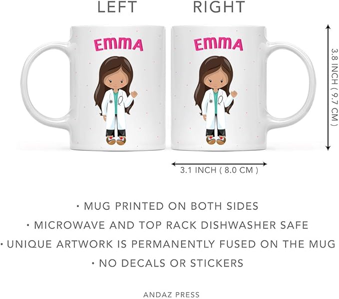 Andaz Press Personalized 11oz. Kids Milk Hot Chocolate Mug, Brown Haired Girl Doctor, 1-Pack, Custom Child’s Birthday Christmas Coffee Cup