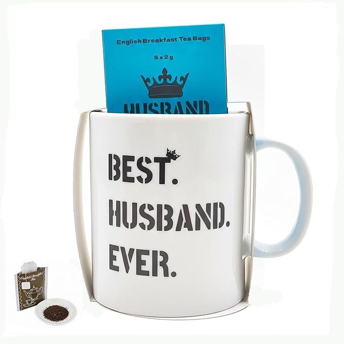 Best Husband Ever Mug Gift Set Ceramic “Best. Husband. Ever.” Mug with English Breakfast Tea, Gift Boxed — Father’s Day, Anniversary or Birthday Gift for Him