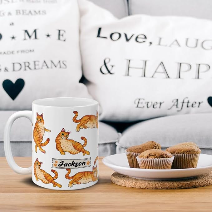 MUGBREW Personalized Coffee Mug with Your Name or Text, Customized Gifts For Christmas Birthday Anniversary, Ceramic 11 OZ Coffee Mug Tea Cup - Orange Tabby Cat Funny Playful Postures Pattern