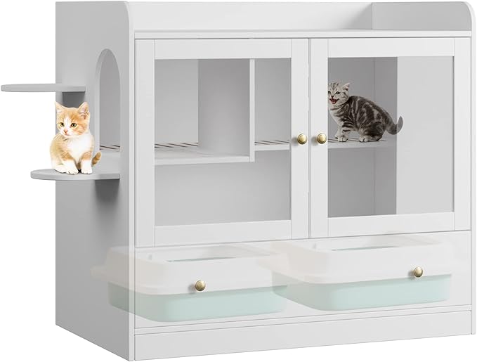 Extra Large Cat Litter Box Enclosure Furniture Hidden, Cat Condo Cabinet Pet House with Stairs for 2, Nightstand Side Table with a Drawer for Living Room, White